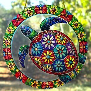 Colorful Tropical Island Floral Sea Turtle Window Hanging Acrylic Sun Catcher